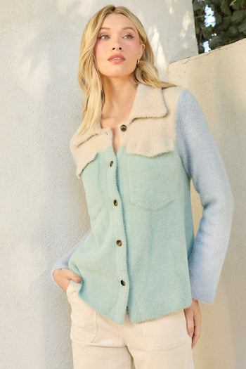 Mystree Colorblock Soft Knit Shacket in Oat/Seafoam