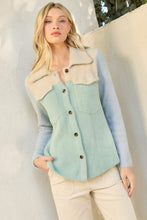 Load image into Gallery viewer, Mystree Colorblock Soft Knit Shacket in Oat/Seafoam
