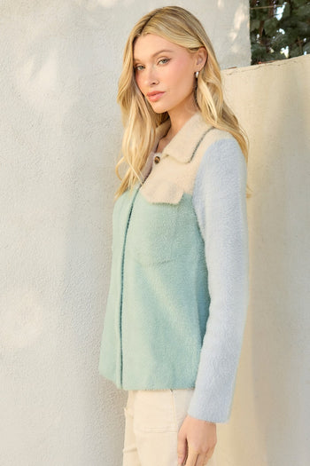 Mystree Colorblock Soft Knit Shacket in Oat/Seafoam