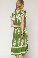 Umgee Two Toned Border Print Midi Dress in Green ON ORDER