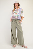 Easel Color Block Mixed Prints Top with Large Flower Patch Front in Mocha Blush