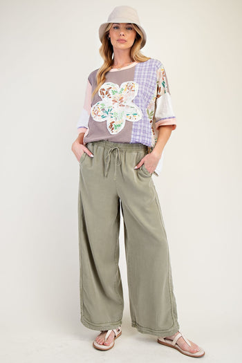 Easel Color Block Mixed Prints Top with Large Flower Patch Front in Mocha Blush