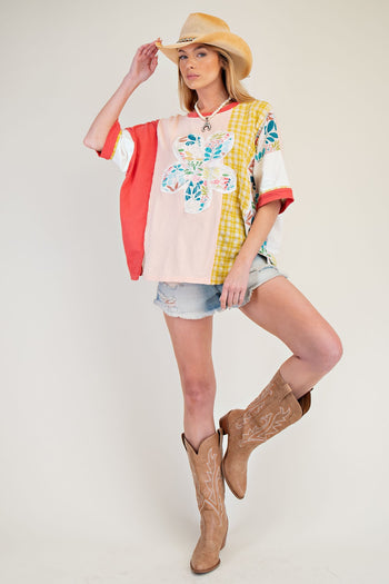 Easel Color Block Mixed Prints Top with Large Flower Patch Front in Peach Red