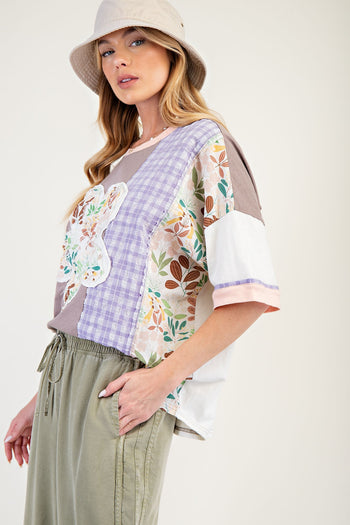 Easel Color Block Mixed Prints Top with Large Flower Patch Front in Mocha Blush