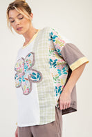 Easel Color Block Mixed Prints Top with Large Flower Patch Front in Ivory Lemon