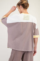 Easel Color Block Mixed Prints Top with Large Flower Patch Front in Ivory Lemon