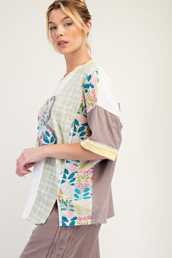 Easel Color Block Mixed Prints Top with Large Flower Patch Front in Ivory Lemon