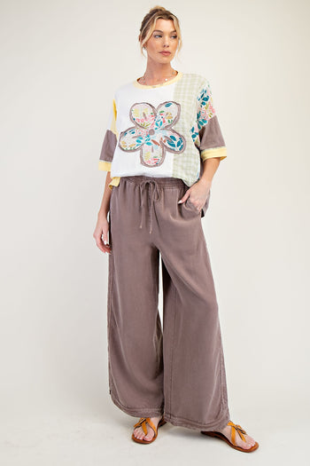 Easel Color Block Mixed Prints Top with Large Flower Patch Front in Ivory Lemon