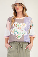 Easel Color Block Mixed Prints Top with Large Flower Patch Front in Mocha Blush