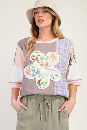 Easel Color Block Mixed Prints Top with Large Flower Patch Front in Mocha Blush