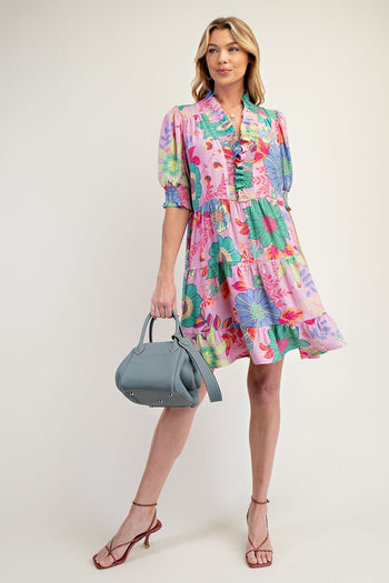 Easel Floral PEACH BLOSSOM Print Dress in Powder Pink