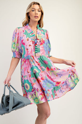 Easel Floral PEACH BLOSSOM Print Dress in Powder Pink