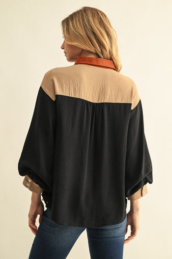Jodifl Colorblock Crinkle Button-Down Top in Black Mix