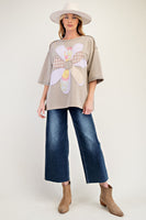 Easel Mineral Washed Terry Knit Flower Patch Top in Mushroom