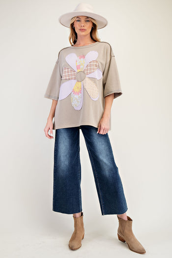 Easel Mineral Washed Terry Knit Flower Patch Top in Mushroom