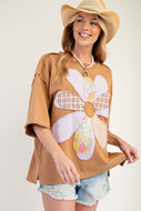 Easel Mineral Washed Terry Knit Flower Patch Top in Almond