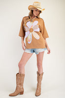 Easel Mineral Washed Terry Knit Flower Patch Top in Almond