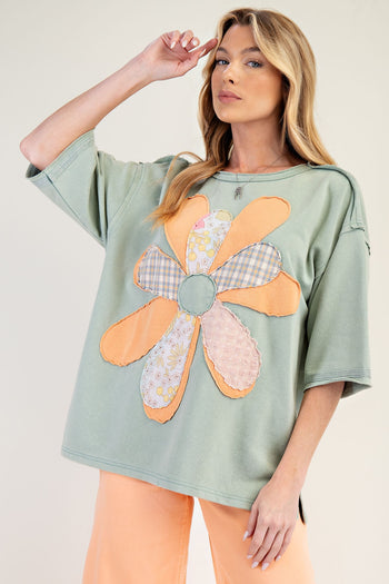 Easel Mineral Washed Terry Knit Flower Patch Top in Sage