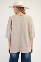 Easel Mineral Washed Terry Knit Flower Patch Top in Mushroom