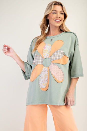 Easel Mineral Washed Terry Knit Flower Patch Top in Sage
