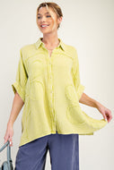 Easel OVERSIZED Cotton Gauze Top with Raised Flower Patches in Green Tea
