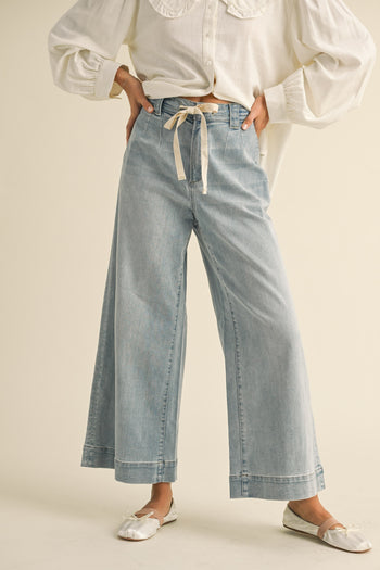 Miou Muse Washed Denim Wide Leg Pants in Denim