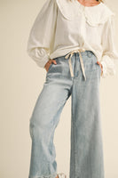 Miou Muse Washed Denim Wide Leg Pants in Denim