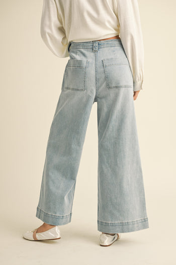 Miou Muse Washed Denim Wide Leg Pants in Denim