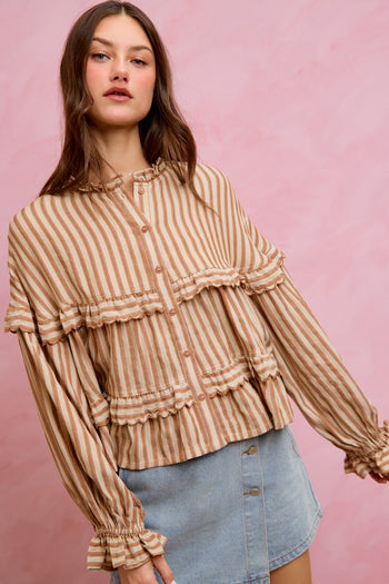 So Me Variegated Stripe Reversible Flowy Boho Top in Coffee
