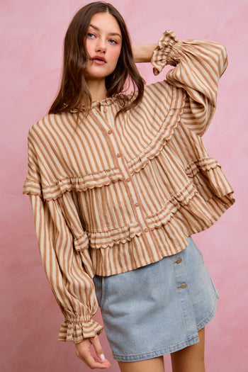 So Me Variegated Stripe Reversible Flowy Boho Top in Coffee