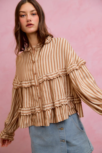 So Me Variegated Stripe Reversible Flowy Boho Top in Coffee