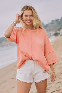 Oddi Acid Washed Mixed Fabric Top in Washed Coral