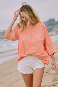 Oddi Acid Washed Mixed Fabric Top in Washed Coral