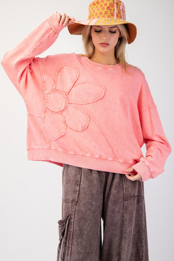 Easel Terry Knit Top with Flower Patch in Watermelon