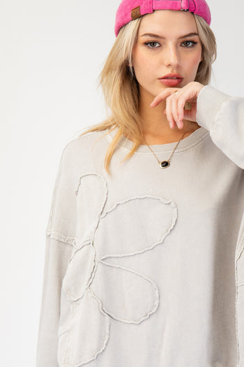 Easel Terry Knit Top with Flower Patch in Stone Grey