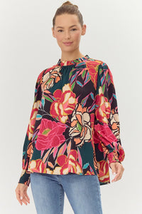 Jodifl Flower Print Bubble Sleeve Top in Black