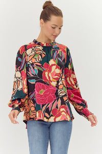 Jodifl Flower Print Bubble Sleeve Top in Black