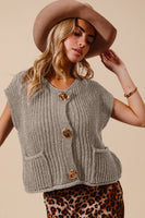 So Me Solid Color Knit Sweater Vest with Big Metal Buttons in Stone