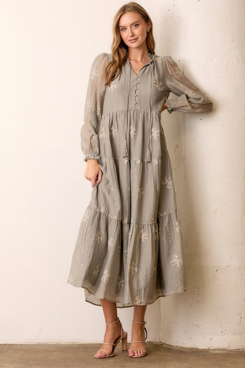 Polagram Floral Embroidered Maxi Dress in Dove Gray