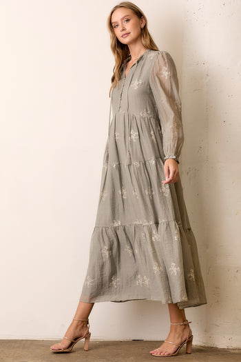 Polagram Floral Embroidered Maxi Dress in Dove Gray