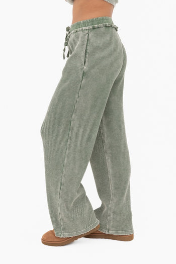Mono B Distressed Mineral Washed Waffle Knit Pants in Dark Basil