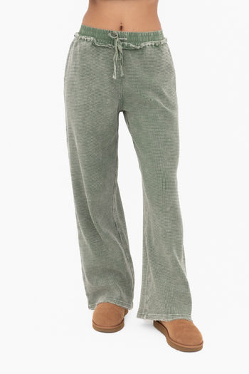 Mono B Distressed Mineral Washed Waffle Knit Pants in Dark Basil