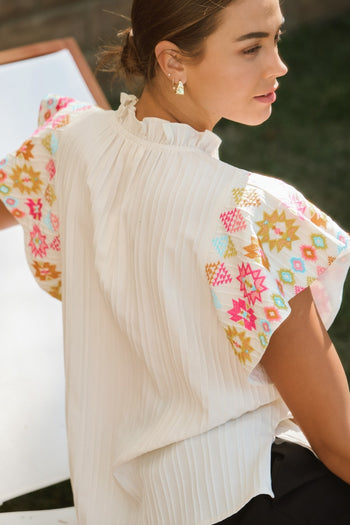 Oddi Embroidered Detailed Flutter Ruffle Sleeve Top in Ivory