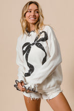 Load image into Gallery viewer, BiBi Knit Sweater with Large Sequin Bow and Ruffle Details in Off White
