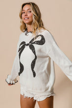 Load image into Gallery viewer, BiBi Knit Sweater with Large Sequin Bow and Ruffle Details in Off White
