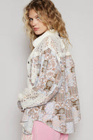 POL OVERSIZED Open Knit Crochet and Mixed Print Woven Fabric Top in Red Multi