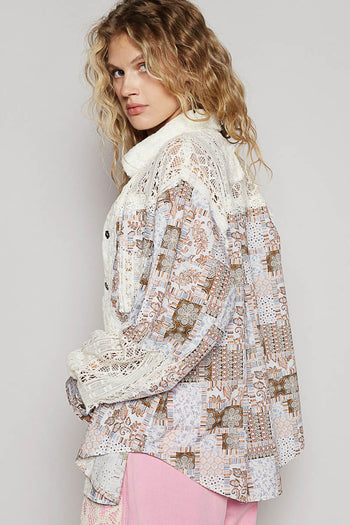 POL OVERSIZED Open Knit Crochet and Mixed Print Woven Fabric Top in Red Multi