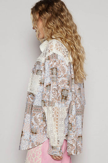 POL OVERSIZED Open Knit Crochet and Mixed Print Woven Fabric Top in Red Multi