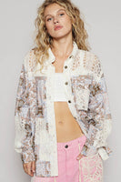 POL OVERSIZED Open Knit Crochet and Mixed Print Woven Fabric Top in Red Multi