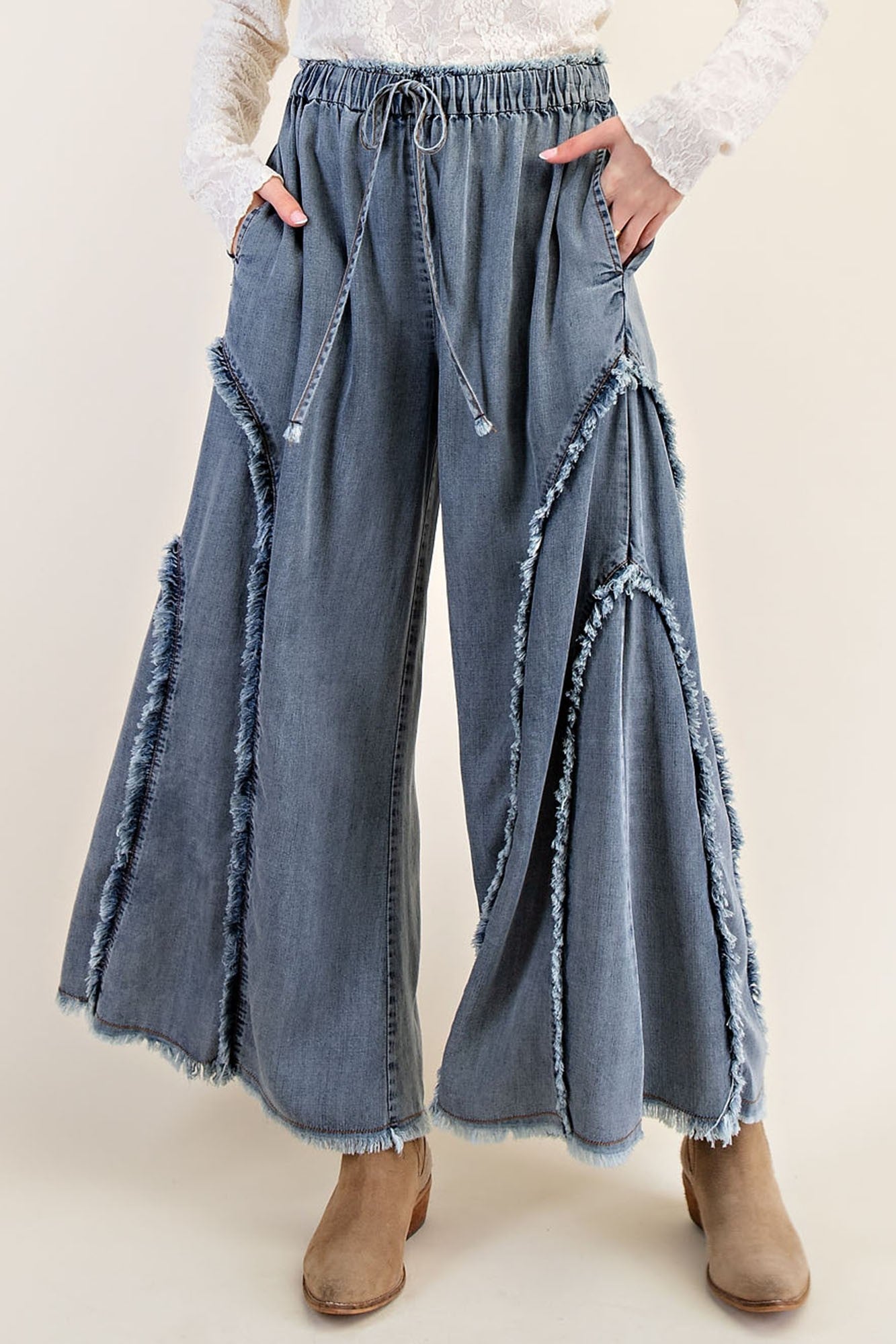 Easel Ruffle and Self Fringe Pants in Washed Denim – June Adel